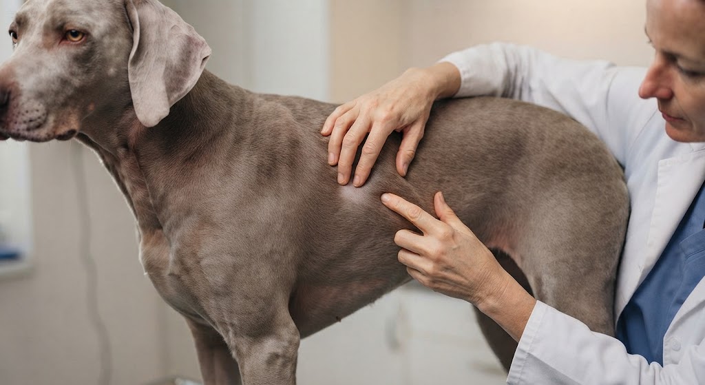 Veterinár šetrne vyšetruje hrčku na koži psa